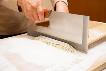 Makeing Japanese traditional buckwheat noodles