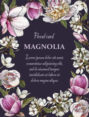 Floral greeting card with a frame of watercolor magnolia, peonies and apple blossom. Illustration