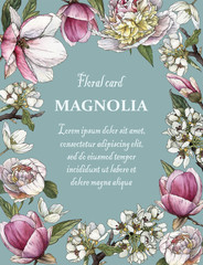 Floral greeting card with a frame of watercolor magnolia, peonies and apple blossom. Illustration