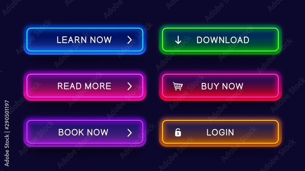 Poster Trendy, glow, neon buttons for web design. Abstract, vector, neon buttons isolated on dark background. Ready web concept element for website.