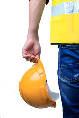 Engineer holding yellow helmet,Construction worker on white background,male construction worker holding safety helmet