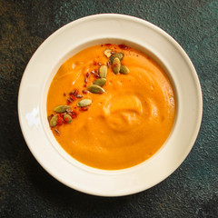 pumpkin soup (first course, delicious vegetable vitamin food) menu concept. food background. copy space. Top view