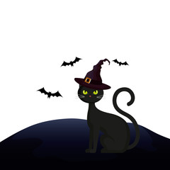 cat feline halloween with hat witch and bats flying