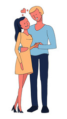 Vector hand drawn illustration isolated on white background. Picture in yellow blue and pink colors. Young people in love. Lovers embrace each other. Happy smiling couple with heart. Valentine Day.