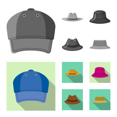 Vector design of headgear and cap sign. Collection of headgear and accessory stock vector illustration.