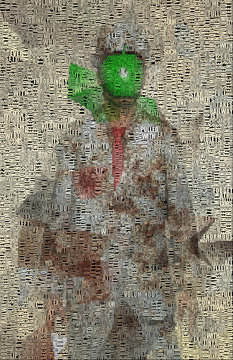 Surreal digital art. Man in white suit with green apple instead of face. Picture is composed entirely of the words