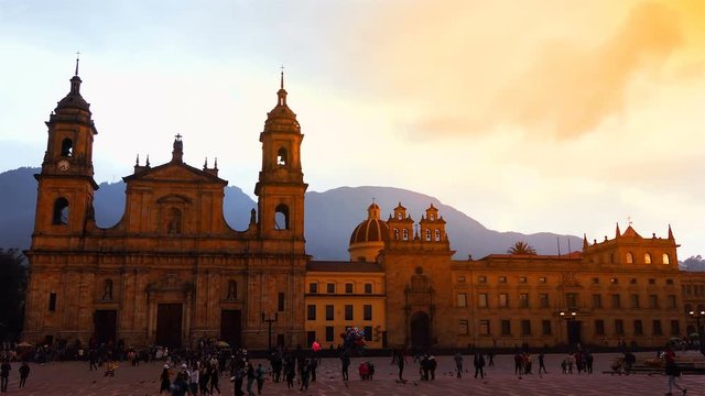 Bolivar's Plaza of Bogota Colombia sunset. Primatial Cathedral Bogota afternoon. Wide Angle Shot Of Bolivar's Plaza 4k. center of Bogota at sunny day