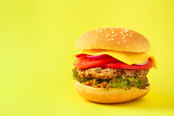 burger (roll, cutlets, cheese, lettuce, tomato, onion, sauce and more) menu concept. food background. copy space. Top view