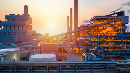 Aerial view coal power station at sunset.