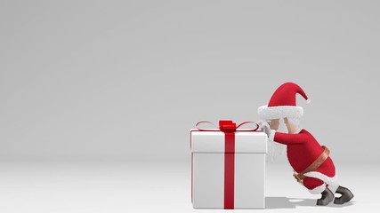 Santa Claus Pushing Gift. Merry Christmas and Happy New Year 2020 animation. Santa Claus with a Christmas gift near the Christmas tree. With alpha channel.