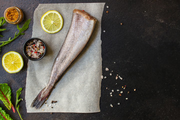 fish raw hake (set of ingredients for cooking). food background. top view. copy space