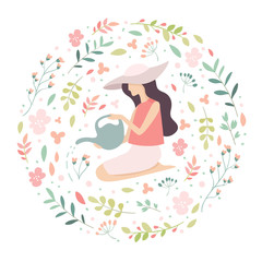 Vector illustration, pink flowers, green plants, girl, garden