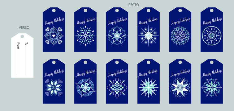 S&eacute;rie d&rsquo;&eacute;tiquettes, fond bleu nuit, illustr&eacute;es de rosaces et du texte &laquo;&nbsp;joyeuses f&ecirc;tes&nbsp;&raquo;, pour d&eacute;corer et nommer le destinataire de vos cadeaux.