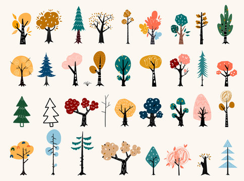 Set of trees in a flat style. Tree icons set in a modern flat style. Pine, spruce, oak, birch, trunk, aspen, alder, poplar, chestnut, apple tree.