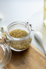 chamomile tea on marble background with copy space. Relax concept