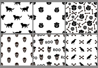 Halloween creative seamless patterns. Black and white backgrounds.