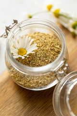 chamomile tea on marble background with copy space. Relax concept