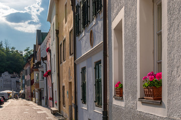 View of the central street of the picturesque Alpine town Bruneck (Brunico) Trentino-Alto Adige, Italy