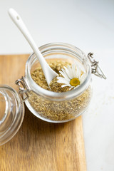 chamomile tea on marble background with copy space. Relax concept