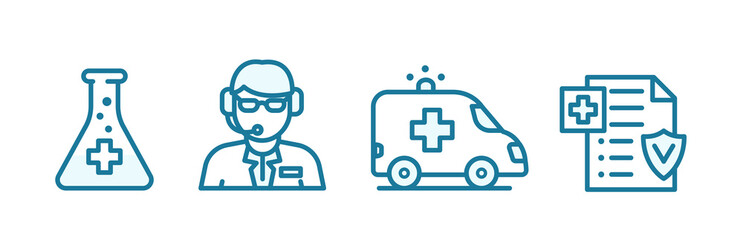 Insurance health care icon set. Online doctor. Ambulance. Medication. Insurance document. Outline contour blue line.