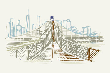 Rysunek ręcznie rysowany. Widok na most brookliński w Nowym Jorku w USA