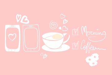 Coffee Time, a set of drawings on a pink background, for cafe advertising, in vector