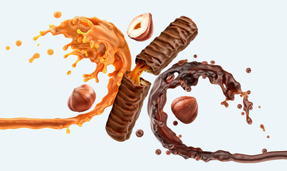 Chocolate bar with confectionery toppings, liquid milk chocolate, hazelnuts, delicious sweet caramel sauce swirls waves 3D splash. Chocolate dessert bar consisting of a biscuit, cookie, nuts, caramel - obrazy, fototapety, plakaty