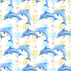 Naklejka premium Dolphin watercolor hand painted seamless pattern.