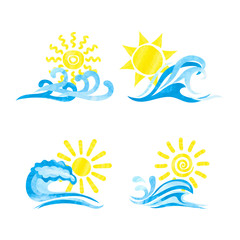 Set of sun and sea waves watercolor icons.