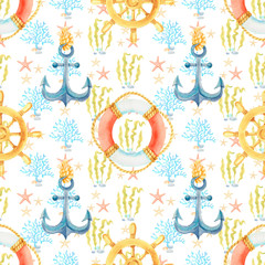 Anchor, steering wheel, life buoy watercolor hand painted seamless pattern.