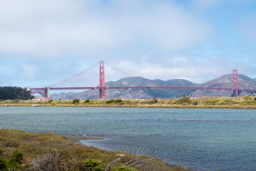 Distant view of the iconic Golden Gate bridge in San Francisco, California, USA.