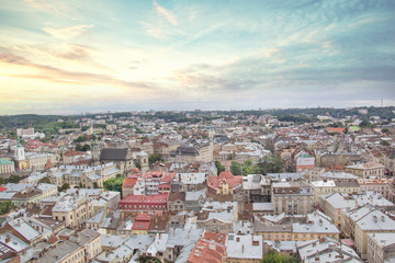 Naklejka premium Beautiful view of the Dominican Cathedral, the Assumption Church and the historic center of Lviv, Ukraine, on a sunny day