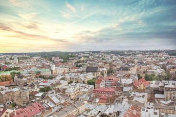 Fototapeta premium Beautiful view of the Dominican Cathedral, the Assumption Church and the historic center of Lviv, Ukraine, on a sunny day