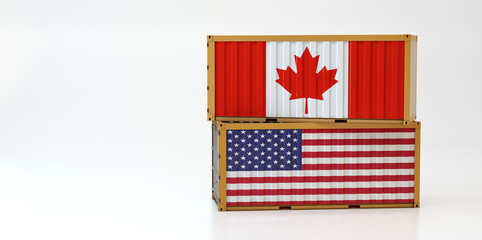 Two freight container with Canada and USA flag. Copy space on the left side - 3D Rendering