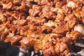 Grilling marinated shashlik on a grill. Shashlik is a form of Shish kebab popular in Eastern, Central Europe and other places. Shashlyk (meaning skewered meat) was originally made of lamb.
