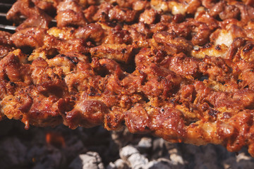 Grilling marinated shashlik on a grill. Shashlik is a form of Shish kebab popular in Eastern, Central Europe and other places. Shashlyk (meaning skewered meat) was originally made of lamb.