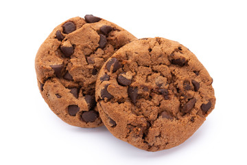 Chocolate chip cookies isolated on white background. Sweet biscuits. Homemade pastry.