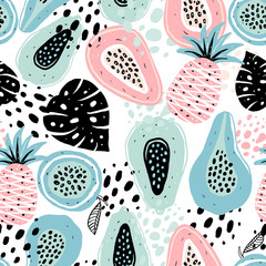 Seamless pattern with creative modern fruits. Hand drawn trendy background. Abstract pattern with papaya pineapple and passion fruit. Template for cards, banners, print fabric, t-shirt.