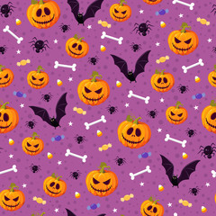 Halloween pumpkin seamless pattern on purple background. halloween pattern background. vector illustration