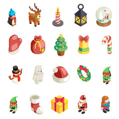 Isometric christmas 3d decoration new year icons set flat cartoon design vector illustration