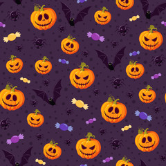 Halloween pumpkin seamless pattern on purple background. halloween pattern background. vector illustration