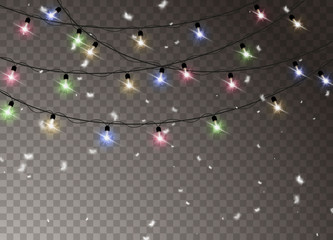 Set of christmas lights isolated realistic design elements. Christmas snow for the new year.  Glowing lights for Xmas Holiday cards, banners, posters, web design. Garlands decorations.