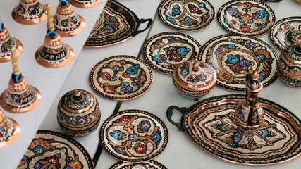 Colorful ceramic souvenirs for sale on the street in Old Town Mostar. Bosnia and Herzegovina.
