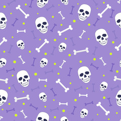 Skull and bone seamless pattern on purple background. halloween skull pattern background. vector illustration