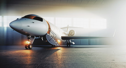 Business private jet airplane parked at terminal and ready to flight. Luxury tourism and business travel transportation concept. 3d rendering