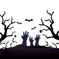 hands of zombie for halloween with bats flying