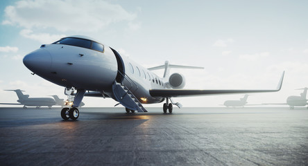 Fototapeta na wymiar Business private jet airplane parked at outside and waiting vip persons. Luxury tourism and business travel transportation concept. 3d rendering