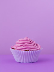 Single blueberry cupcake on a table against purple background, vertical image