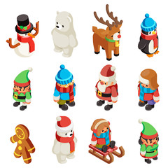 Winter isometric character christmas new year 3d flat cartoon decoration design vector illustration