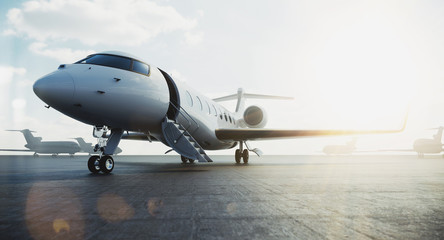 Business class jet airplane parked at airfield and waiting vip persons for take off. Luxury tourism and business travel transportation concept. Flares. 3d rendering